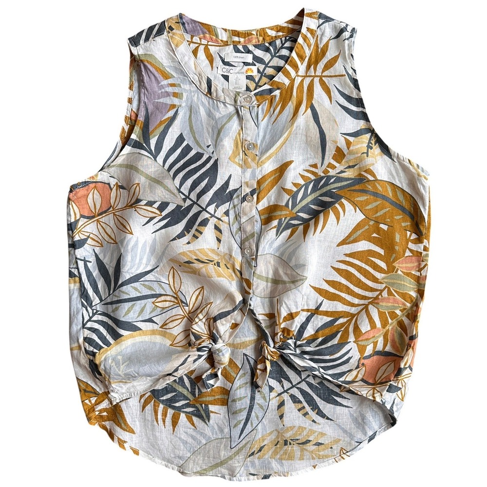 C&C California Linen Tropical Leaf Sleeveless Tie Front Top Women Large Multi EX